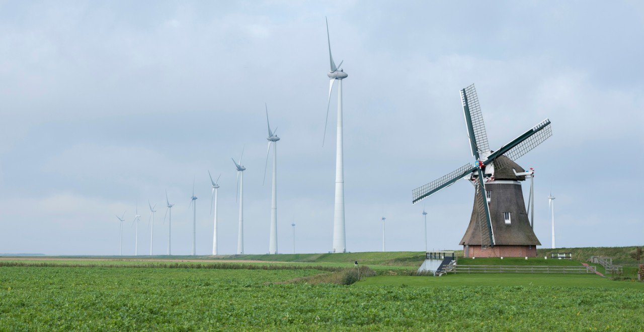 Molen en rij windmolens