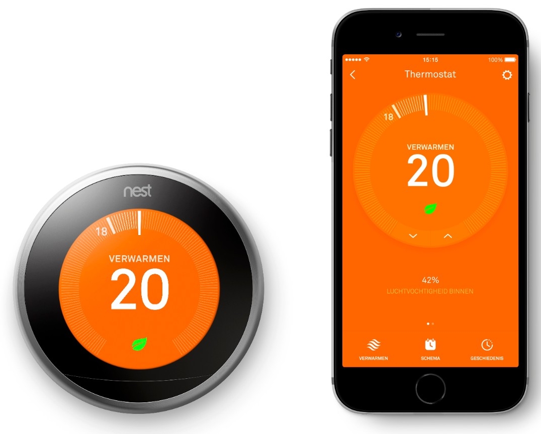 Nest slimme thermostaat en de Nest app op een smartphone