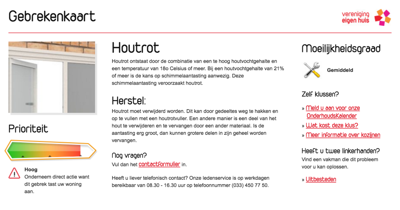 Screenshot Gebrekenkaart van Vereniging Eigen Huis