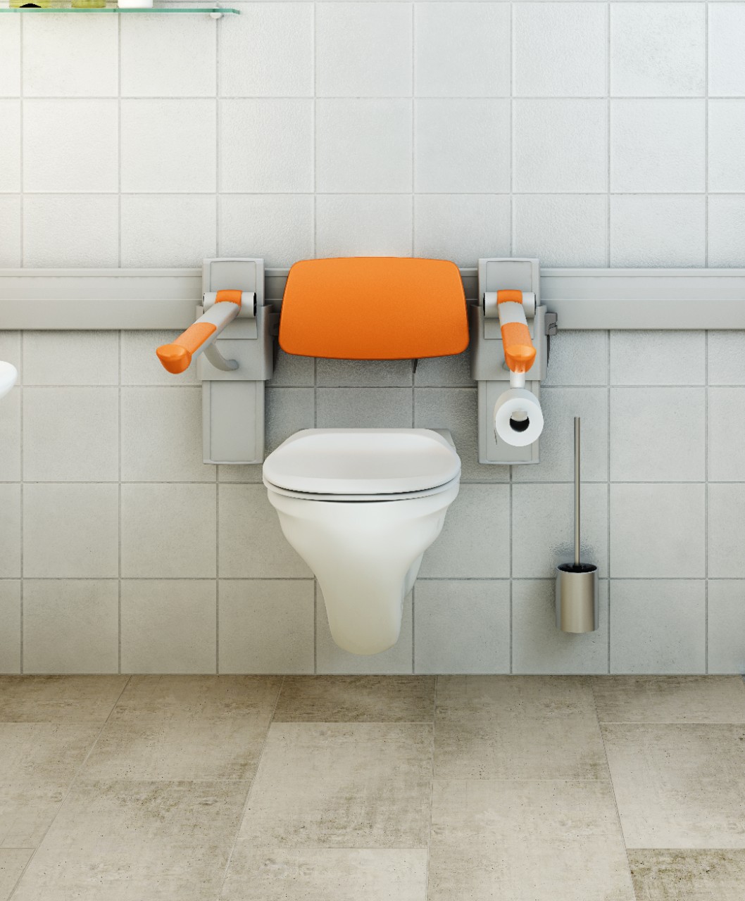 Oranje uitvoering van de toiletsteun Pressalit Care Plus