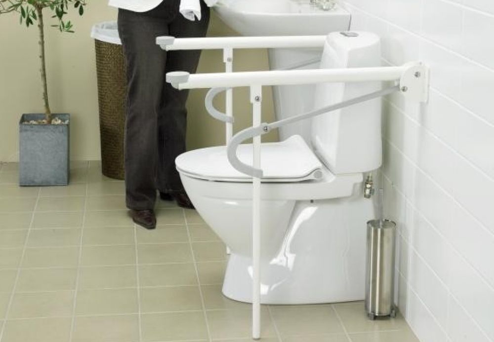 Uitgeklapte Etac Optimal L toiletarmsteun