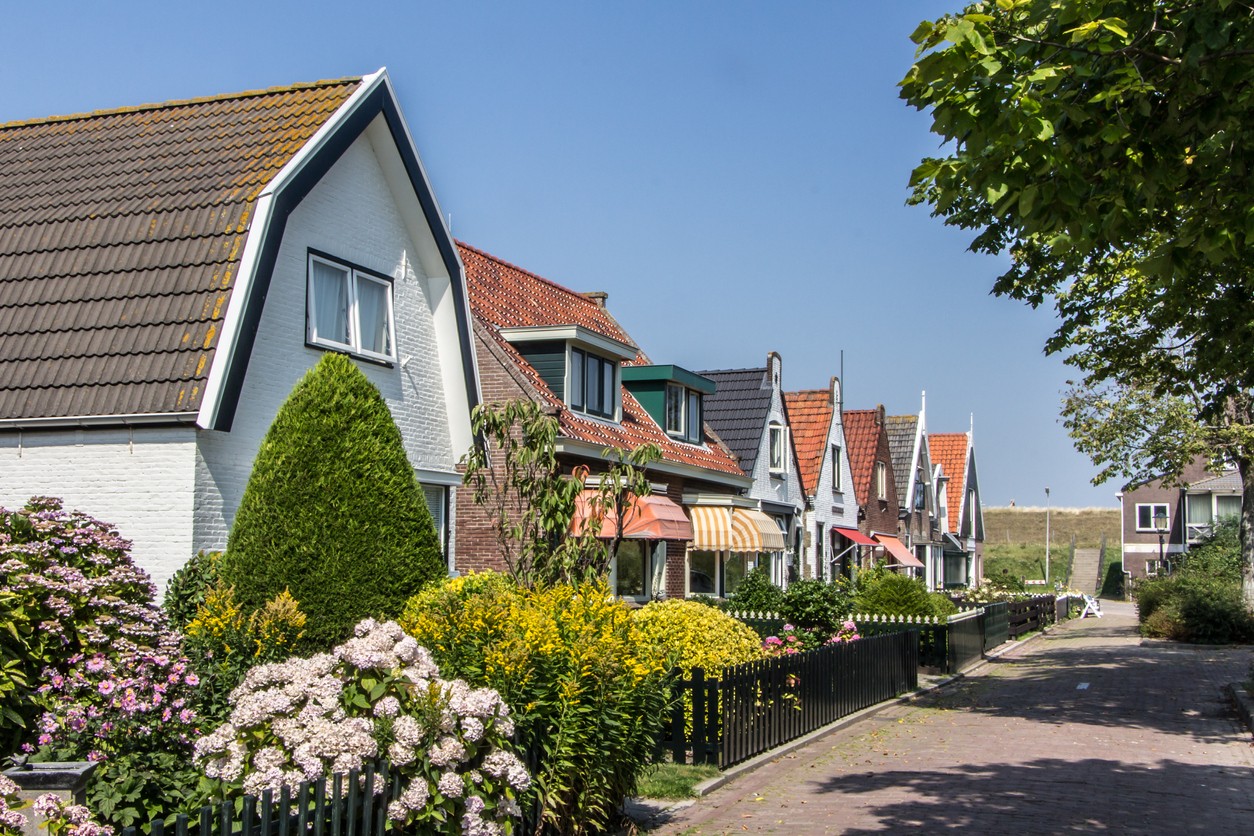 Rij oudere huizen met voortuinen